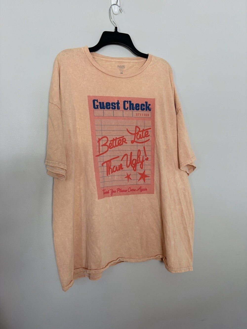 Sugar Stitch 3XL Better Late Than Ugly Guest Check Stone Wash Peach T Shirt